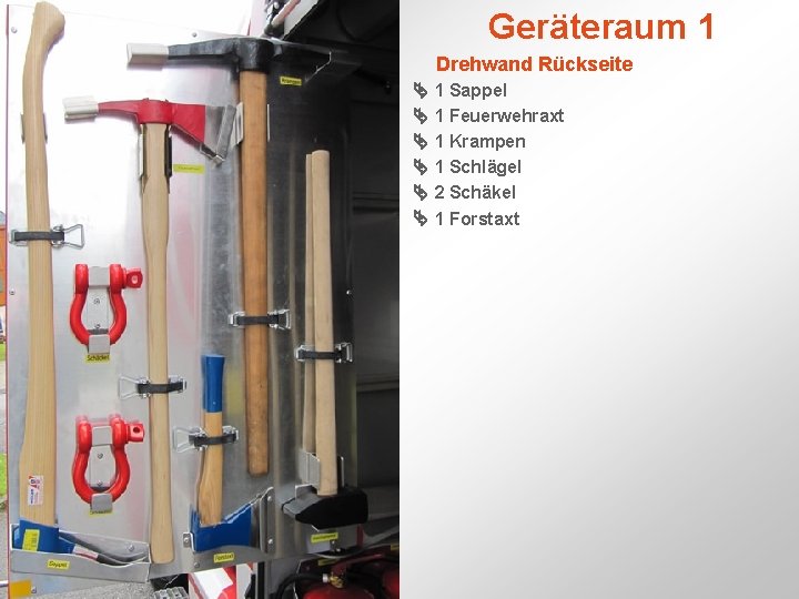 Geräteraum 1 Drehwand Rückseite 1 Sappel 1 Feuerwehraxt 1 Krampen 1 Schlägel 2 Schäkel