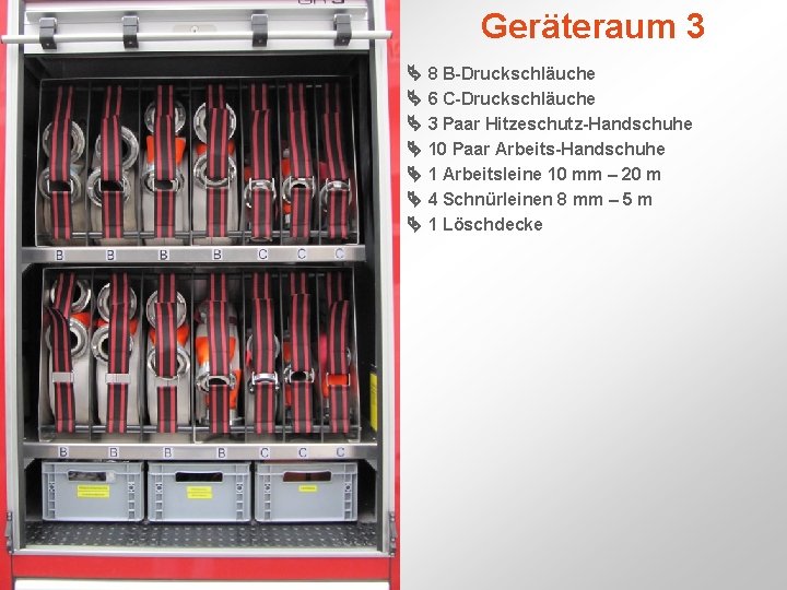 Geräteraum 3 8 B-Druckschläuche 6 C-Druckschläuche 3 Paar Hitzeschutz-Handschuhe 10 Paar Arbeits-Handschuhe 1 Arbeitsleine