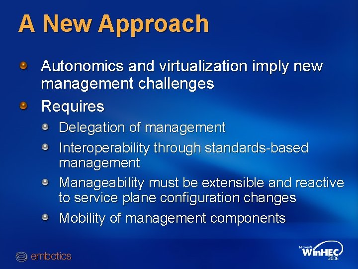 A New Approach Autonomics and virtualization imply new management challenges Requires Delegation of management