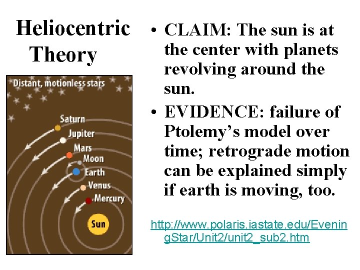Heliocentric • CLAIM: The sun is at the center with planets Theory revolving around Heliocentric • CLAIM: The sun is at the center with planets Theory revolving around