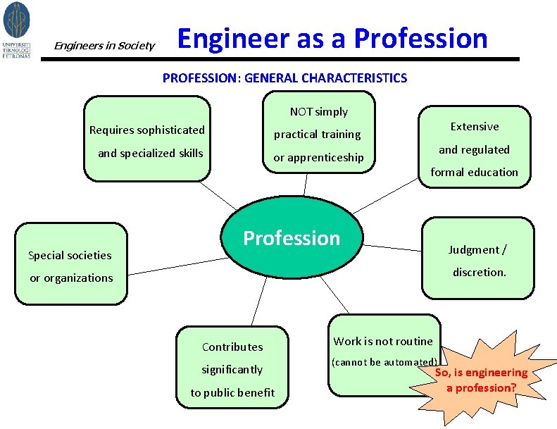 Engineers in Society Engineer as a Profession PROFESSION: GENERAL CHARACTERISTICS NOT simply Requires sophisticated