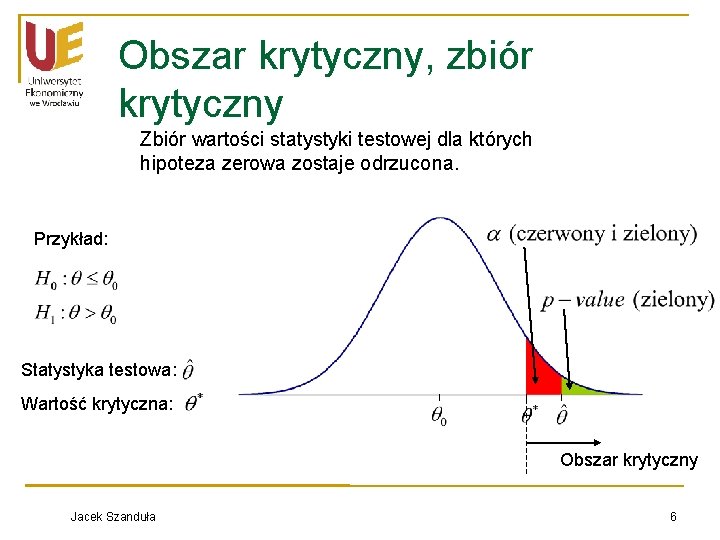 Obszar krytyczny, zbiór krytyczny Zbiór wartości statystyki testowej dla których hipoteza zerowa zostaje odrzucona.