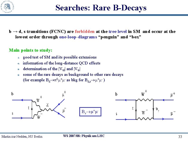 Searches: Rare B-Decays b → d, s transitions (FCNC) are forbidden at the tree