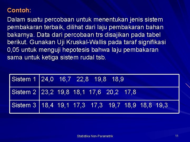 Contoh: Dalam suatu percobaan untuk menentukan jenis sistem pembakaran terbaik, dilihat dari laju pembakaran