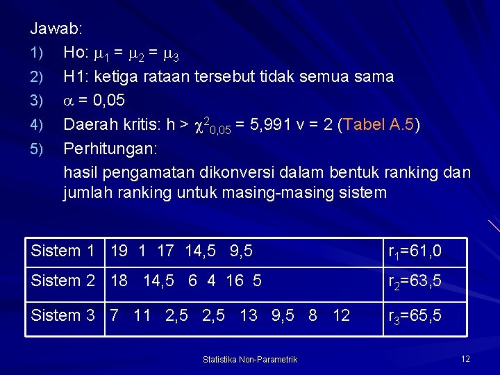 Jawab: 1) Ho: 1 = 2 = 3 2) H 1: ketiga rataan tersebut