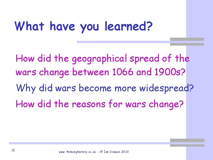 What have you learned? How did the geographical spread of the wars change between