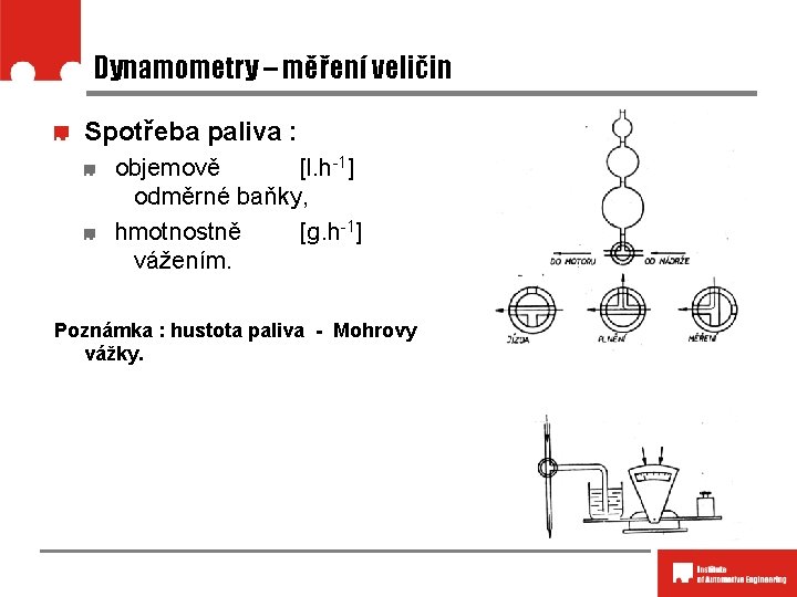 Dynamometry – měření veličin Spotřeba paliva : objemově [l. h-1] odměrné baňky, hmotnostně [g.