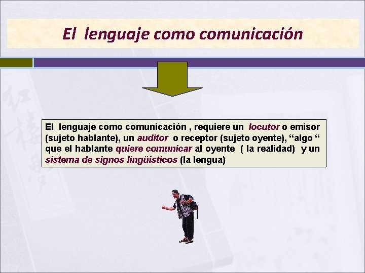 El lenguaje como comunicación , requiere un locutor o emisor (sujeto hablante), un auditor El lenguaje como comunicación , requiere un locutor o emisor (sujeto hablante), un auditor