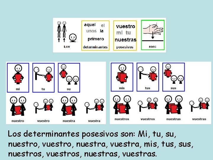 Los determinantes posesivos son: Mi, tu, su, nuestro, vuestro, nuestra, vuestra, mis, tus, sus,