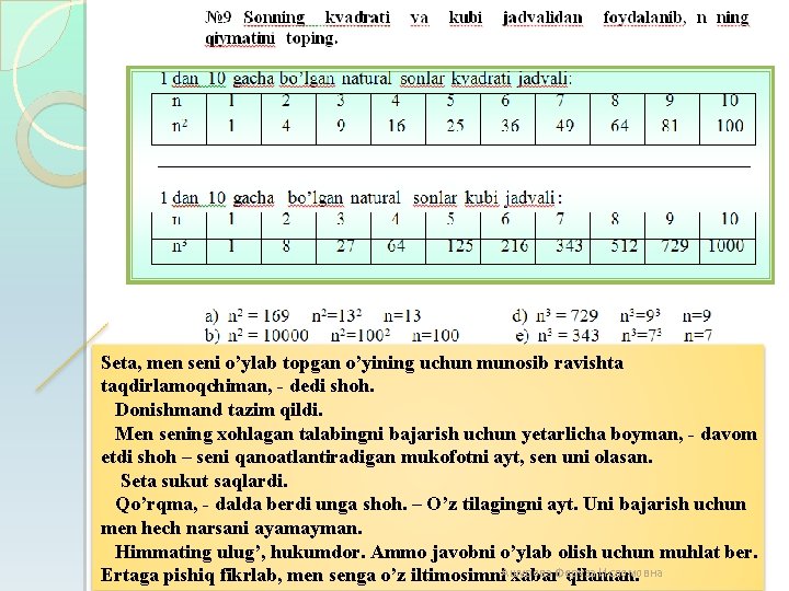 Seta, men seni o’ylab topgan o’yining uchun munosib ravishta taqdirlamoqchiman, - dedi shoh. Donishmand