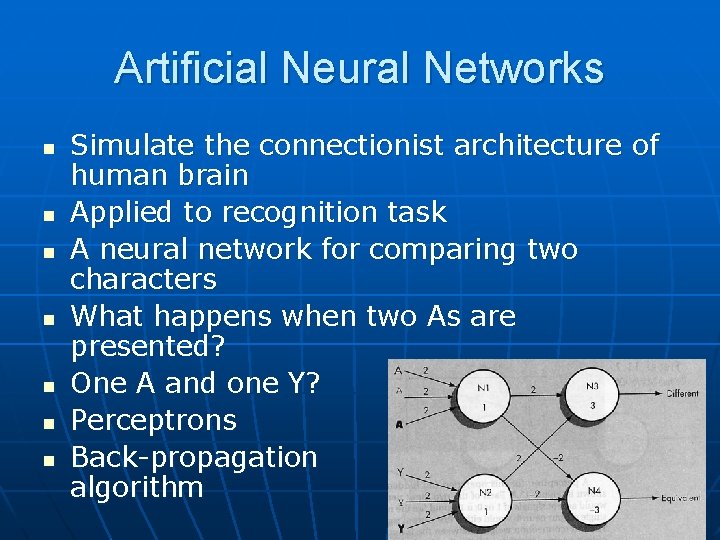 Artificial Neural Networks n n n n Simulate the connectionist architecture of human brain