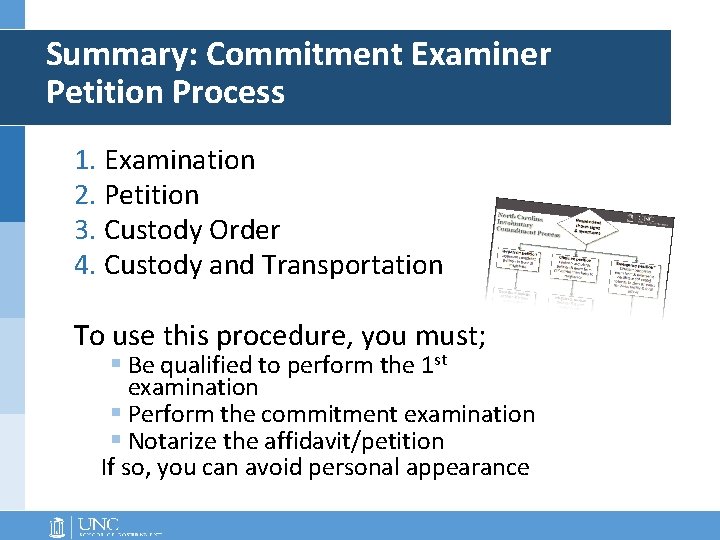 Summary: Commitment Examiner Petition Process 1. Examination 2. Petition 3. Custody Order 4. Custody Summary: Commitment Examiner Petition Process 1. Examination 2. Petition 3. Custody Order 4. Custody