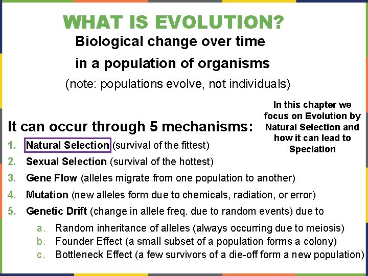 WHAT IS EVOLUTION? Biological change over time in a population of organisms (note: populations