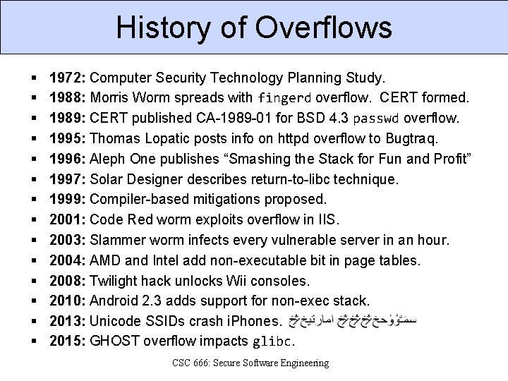 History of Overflows § § § § 1972: Computer Security Technology Planning Study. 1988: