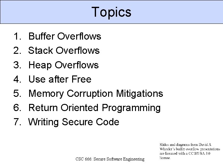 Topics 1. 2. 3. 4. 5. 6. 7. Buffer Overflows Stack Overflows Heap Overflows