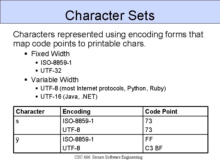 Character Sets Characters represented using encoding forms that map code points to printable chars.