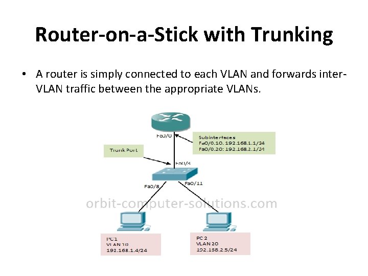 Router-on-a-Stick with Trunking • A router is simply connected to each VLAN and forwards