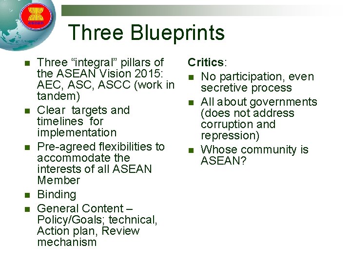 Three Blueprints n n n Three “integral” pillars of Critics: the ASEAN Vision 2015: