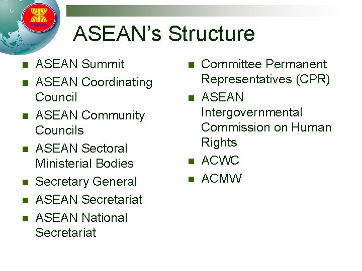 ASEAN’s Structure n n n n ASEAN Summit ASEAN Coordinating Council ASEAN Community Councils