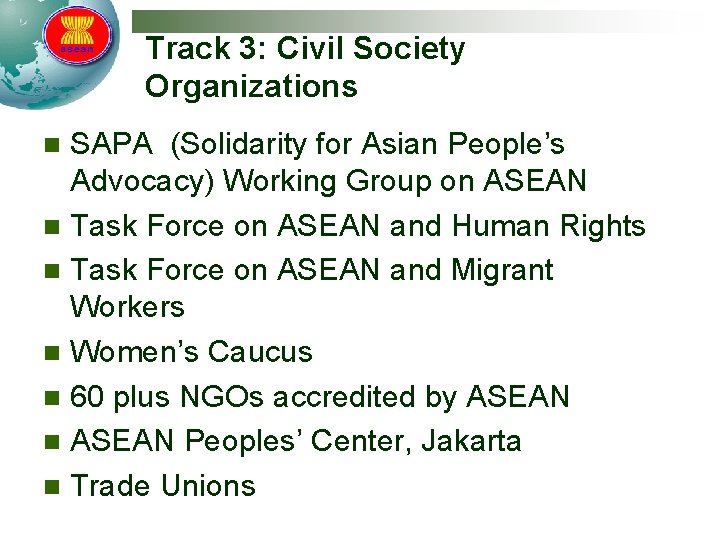 Track 3: Civil Society Organizations SAPA (Solidarity for Asian People’s Advocacy) Working Group on