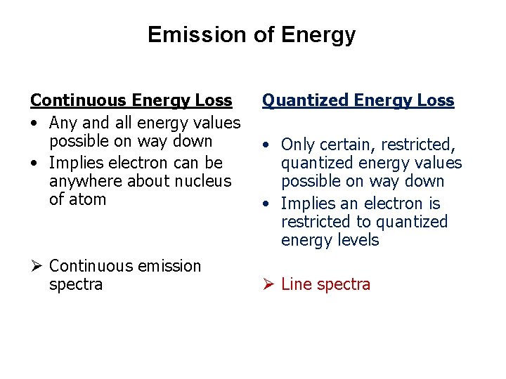 Emission of Energy Continuous Energy Loss • Any and all energy values possible on