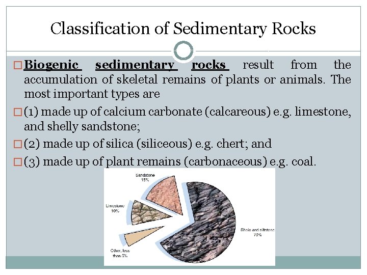 Classification of Sedimentary Rocks � Biogenic sedimentary rocks result from the accumulation of skeletal