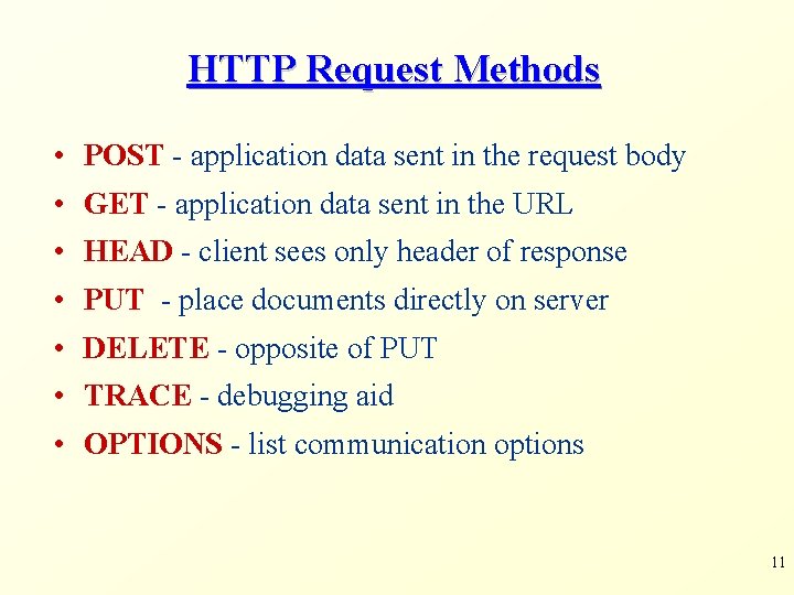 HTTP Request Methods • POST - application data sent in the request body •