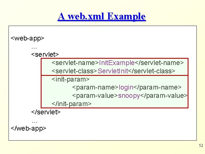 A web. xml Example <web-app> … <servlet> <servlet-name>Init. Example</servlet-name> <servlet-class>Servlet. Init</servlet-class> <init-param> <param-name>login</param-name> <param-value>snoopy</param-value>
