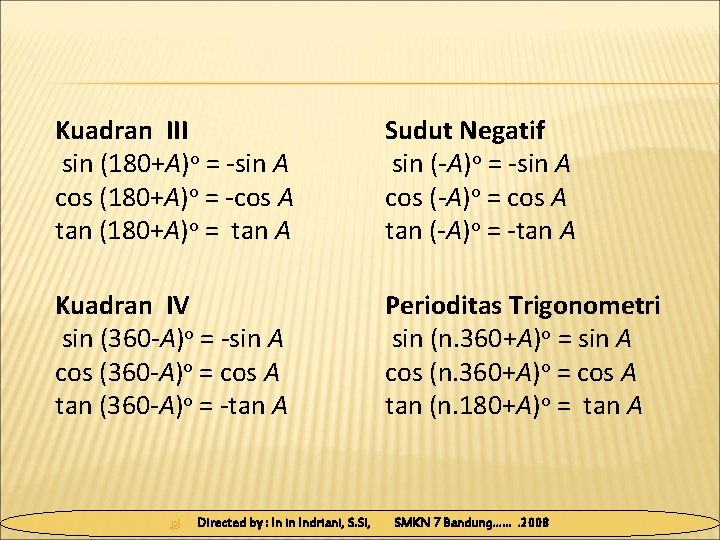 Kuadran III sin (180+A)o = -sin A cos (180+A)o = -cos A tan (180+A)o
