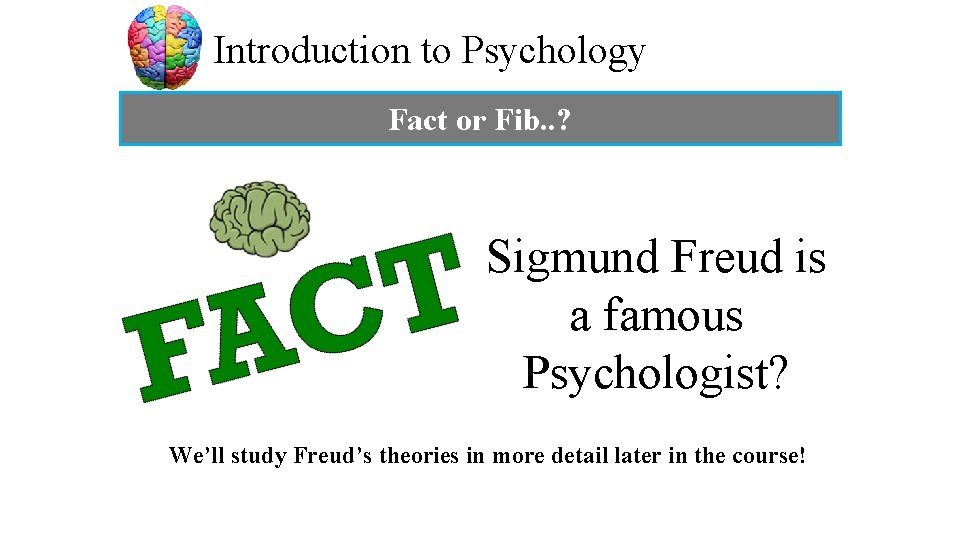 Introduction to Psychology Fact or Fib. . ? Sigmund Freud is a famous Psychologist?