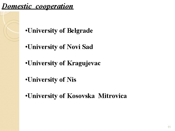 Domestic cooperation • University of Belgrade • University of Novi Sad • University of