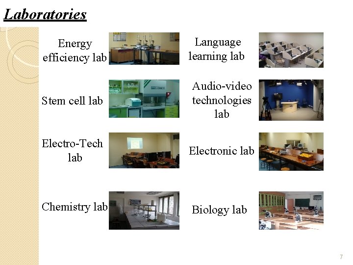 Laboratories Energy efficiency lab Language learning lab Stem cell lab Audio-video technologies lab Electro-Tech