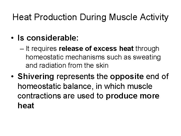 Heat Production During Muscle Activity • Is considerable: – It requires release of excess