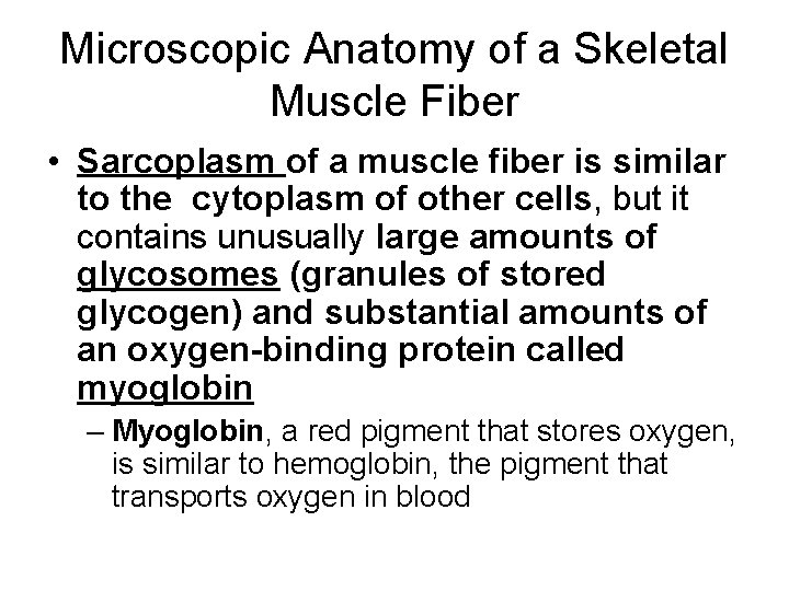 Microscopic Anatomy of a Skeletal Muscle Fiber • Sarcoplasm of a muscle fiber is