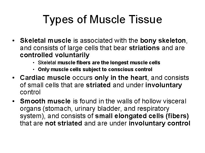 Types of Muscle Tissue • Skeletal muscle is associated with the bony skeleton, and