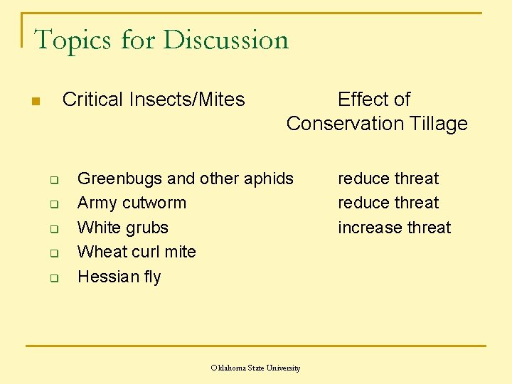 Topics for Discussion Critical Insects/Mites n q q q Effect of Conservation Tillage Greenbugs