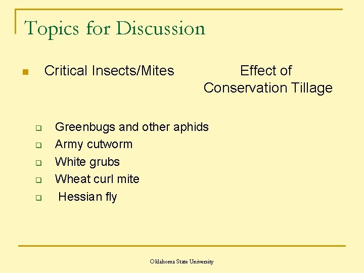 Topics for Discussion Critical Insects/Mites n q q q Effect of Conservation Tillage Greenbugs