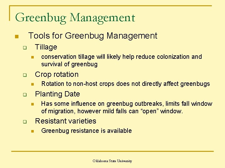 Greenbug Management Tools for Greenbug Management n Tillage q n conservation tillage will likely