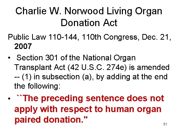 Charlie W. Norwood Living Organ Donation Act Public Law 110 -144, 110 th Congress,