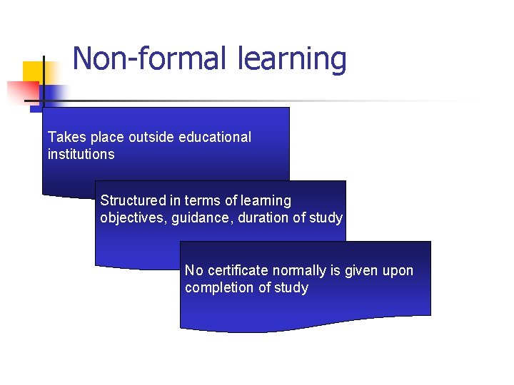 Non-formal learning Takes place outside educational institutions Structured in terms of learning objectives, guidance,