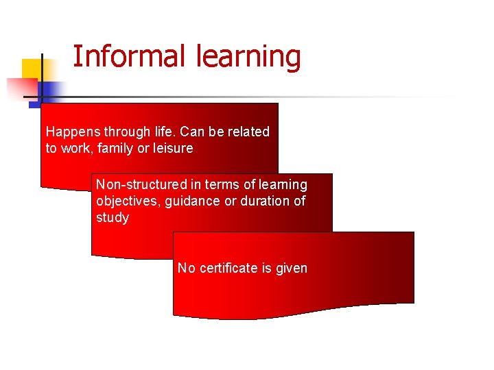 Informal learning Happens through life. Can be related to work, family or leisure Non-structured