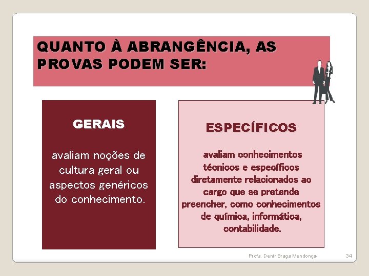 QUANTO À ABRANGÊNCIA, AS PROVAS PODEM SER: GERAIS ESPECÍFICOS avaliam noções de cultura geral