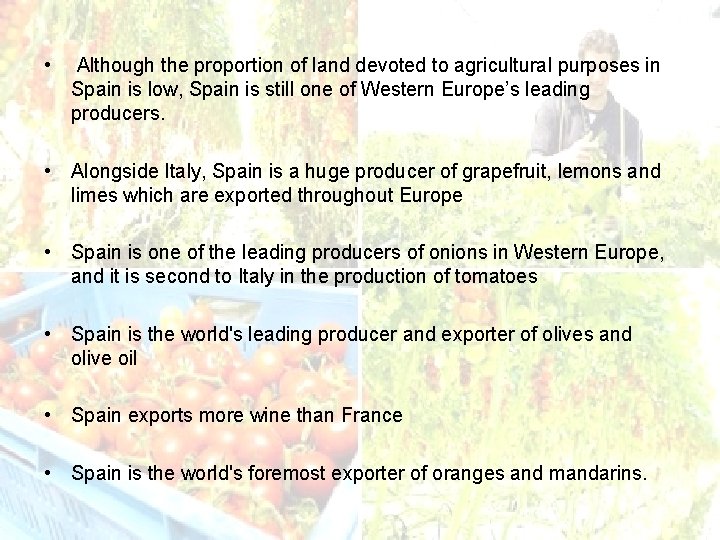  • Although the proportion of land devoted to agricultural purposes in Spain is