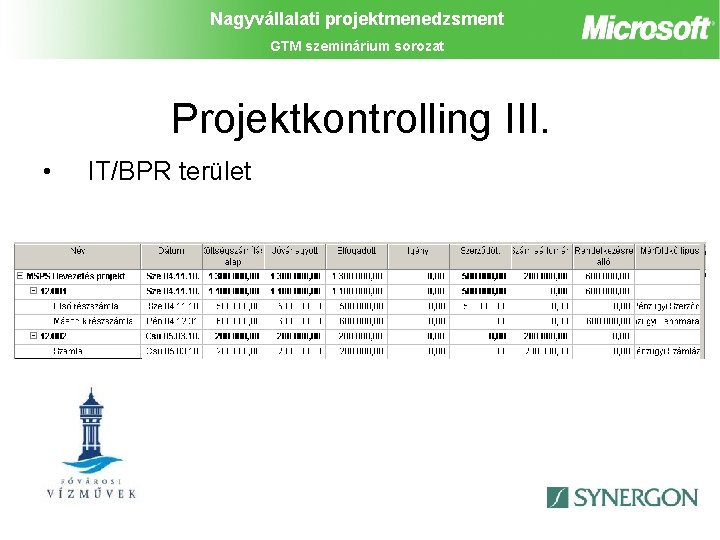 Nagyvállalati projektmenedzsment GTM szeminárium sorozat Projektkontrolling III. • IT/BPR terület 