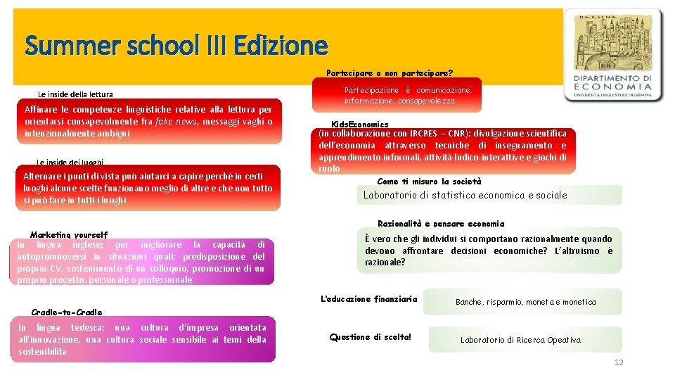 Summer school III Edizione Partecipare o non partecipare? Le inside della lettura Affinare le Summer school III Edizione Partecipare o non partecipare? Le inside della lettura Affinare le