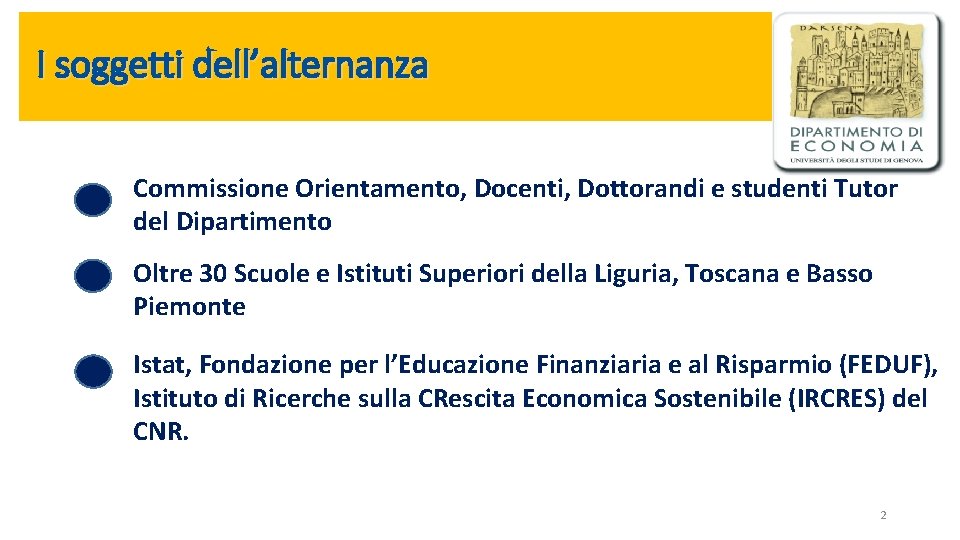 I soggetti dell’alternanza Commissione Orientamento, Docenti, Dottorandi e studenti Tutor del Dipartimento Oltre 30 I soggetti dell’alternanza Commissione Orientamento, Docenti, Dottorandi e studenti Tutor del Dipartimento Oltre 30