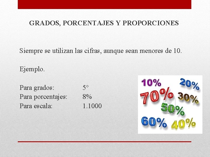 GRADOS, PORCENTAJES Y PROPORCIONES Siempre se utilizan las cifras, aunque sean menores de 10.