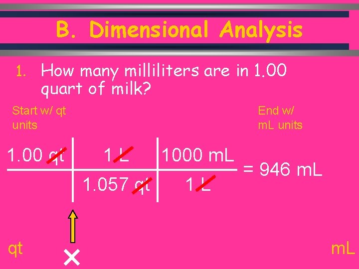 B. Dimensional Analysis 1. How many milliliters are in 1. 00 quart of milk?