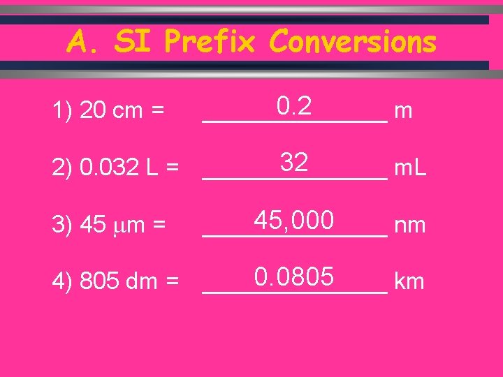 A. SI Prefix Conversions 1) 20 cm = 0. 2 _______ m 32 2)