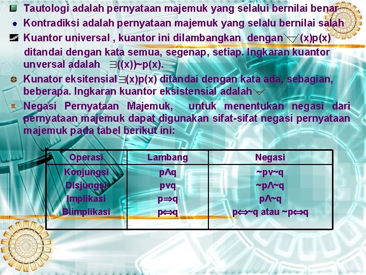 Tautologi adalah pernyataan majemuk yang selalui bernilai benar Kontradiksi adalah pernyataan majemuk yang selalu